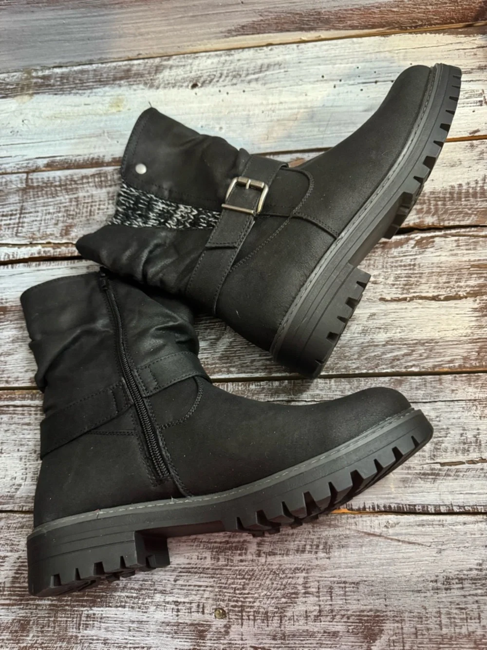 Women's Black Mid-Calf Buckled Winter Boots